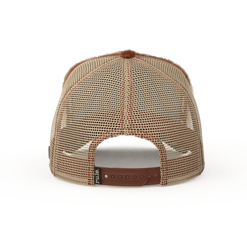 Brown sherpa OVERLORD X Looney Tunes Wile E. Coyote trucker baseball cap hat with brown adjustable strap.