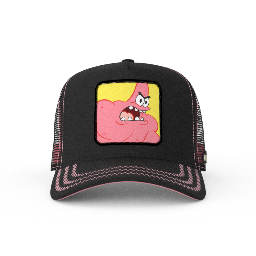 Black OVERLORD X SpongeBob Wrestling Patrick trucker baseball cap hat with pink zig zag stitching. PVC Overlord logo.
