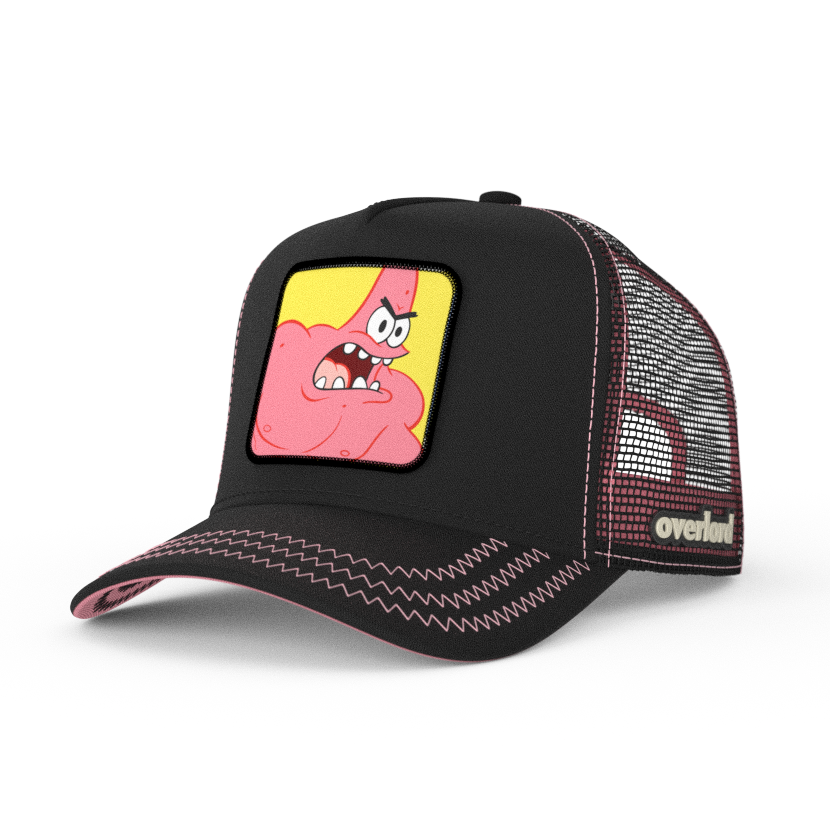 Black OVERLORD X SpongeBob Wrestling Patrick trucker baseball cap hat with pink zig zag stitching. PVC Overlord logo.