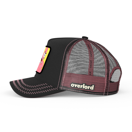 Black OVERLORD X SpongeBob Wrestling Patrick trucker baseball cap hat with black mesh. PVC Overlord logo.