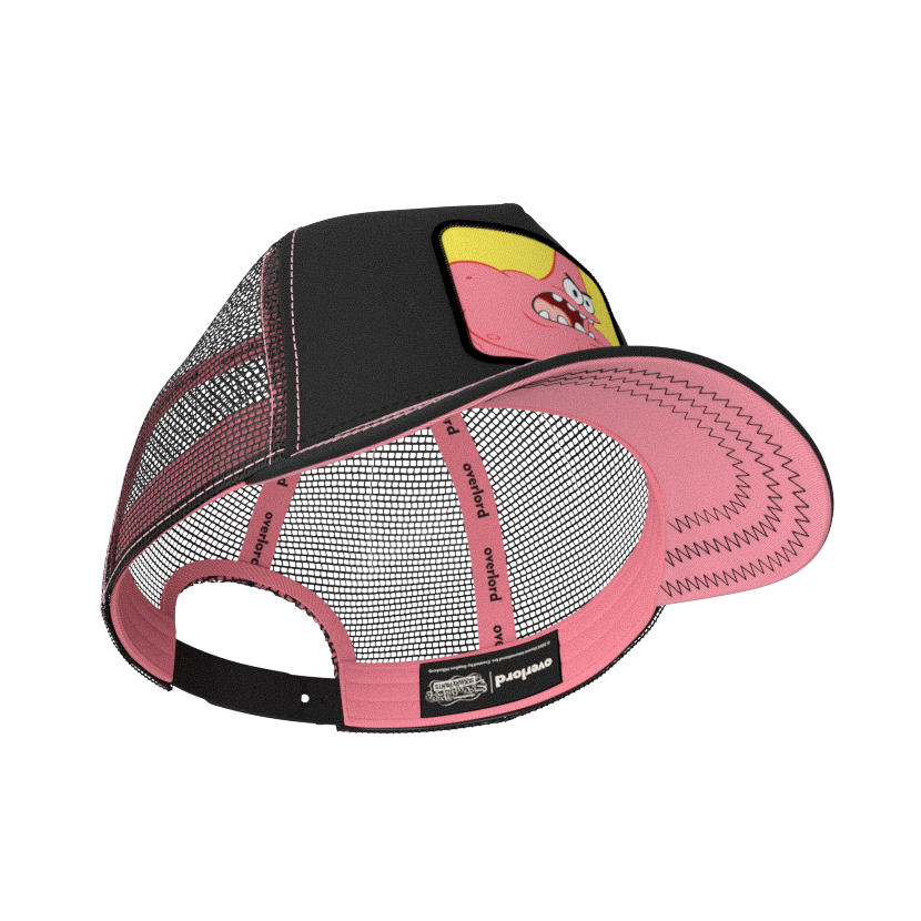 Black OVERLORD X SpongeBob Wrestling Patrick trucker baseball cap hat with pink sweatband and pink under brim.