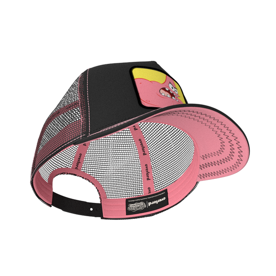 Black OVERLORD X SpongeBob Wrestling Patrick trucker baseball cap hat with pink sweatband and pink under brim.