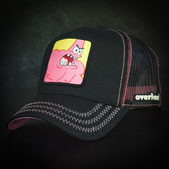 Black OVERLORD X SpongeBob Wrestling Patrick trucker baseball cap hat with pink zig zag stitching. PVC Overlord logo.