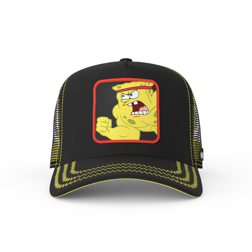 Black OVERLORD X SpongeBob Wrestling SpongeBob trucker baseball cap hat with yellow zig zag stitching. PVC Overlord logo.
