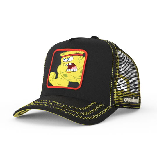 Black OVERLORD X SpongeBob Wrestling SpongeBob trucker baseball cap hat with yellow zig zag stitching. PVC Overlord logo.