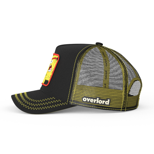 Black OVERLORD X SpongeBob Wrestling SpongeBob trucker baseball cap hat with black mesh. PVC Overlord logo.