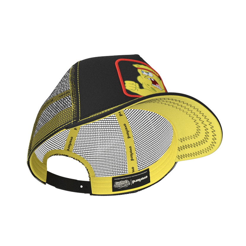 Black OVERLORD X SpongeBob Wrestling SpongeBob trucker baseball cap hat with yellow sweatband and yellow under brim.